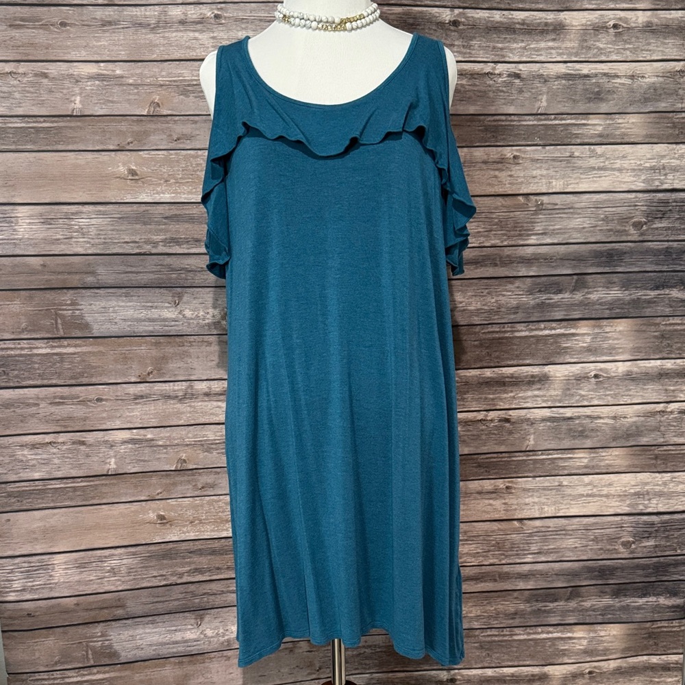 Max Studio Teal Cold Shoulder Ruffle Dress